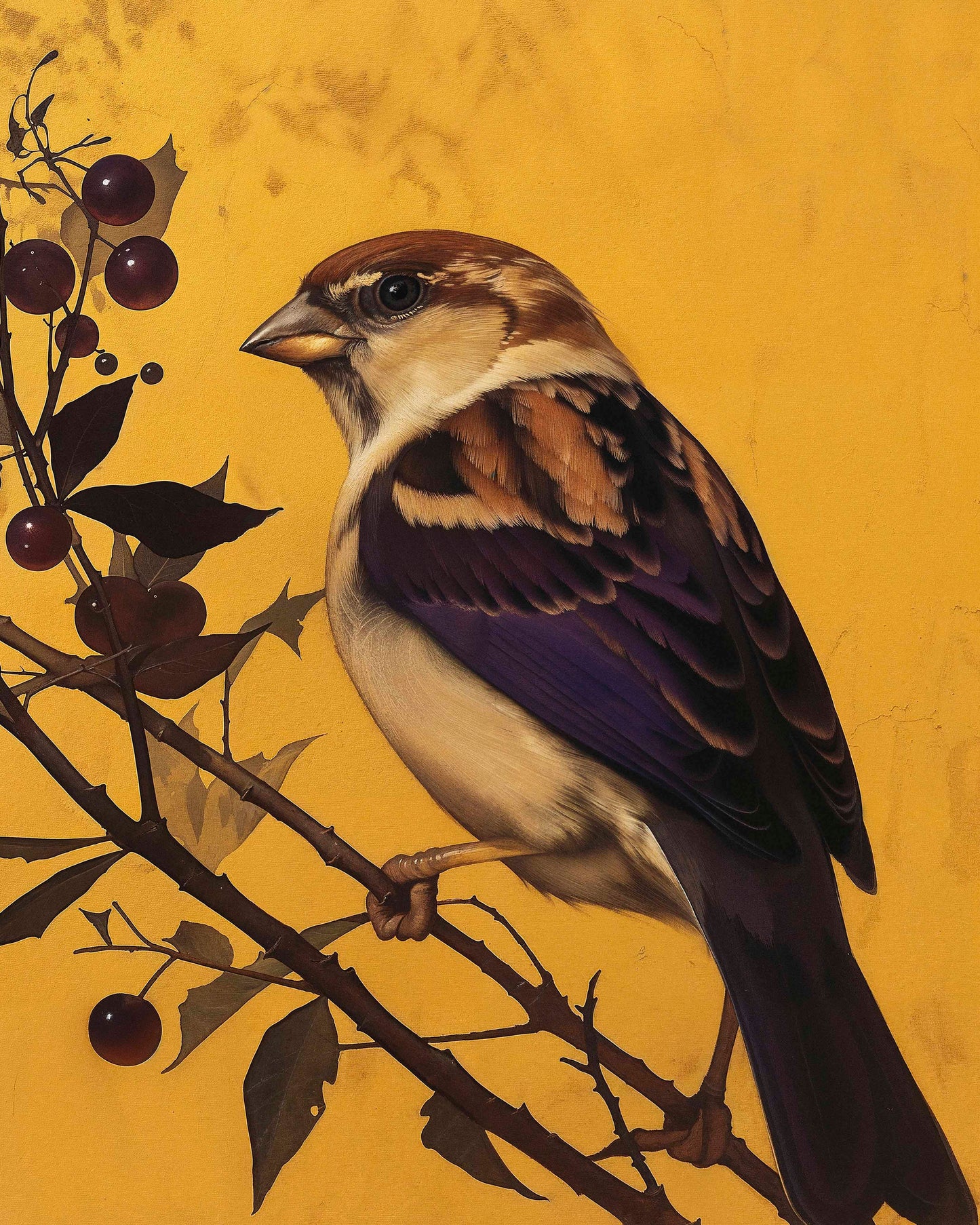 Golden Perch - Sparrow Among Dark Berries - Limited Edition Canvas