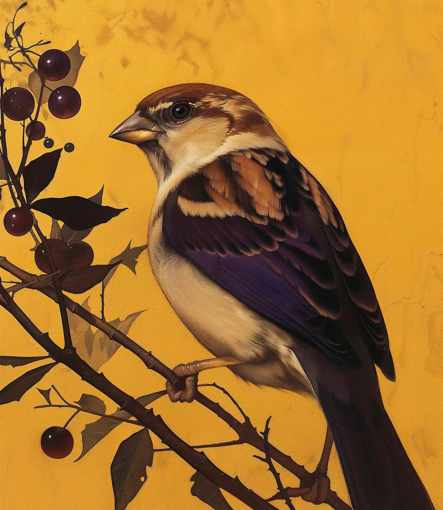 Golden Perch - Sparrow Among Dark Berries - Limited Edition Canvas