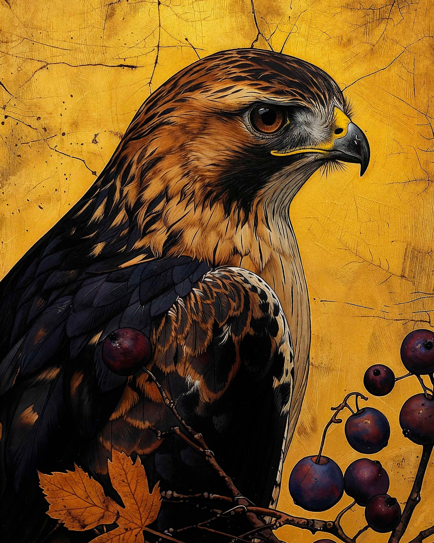 Golden Majesty - Hawk Among Berries - Limited Edition Canvas