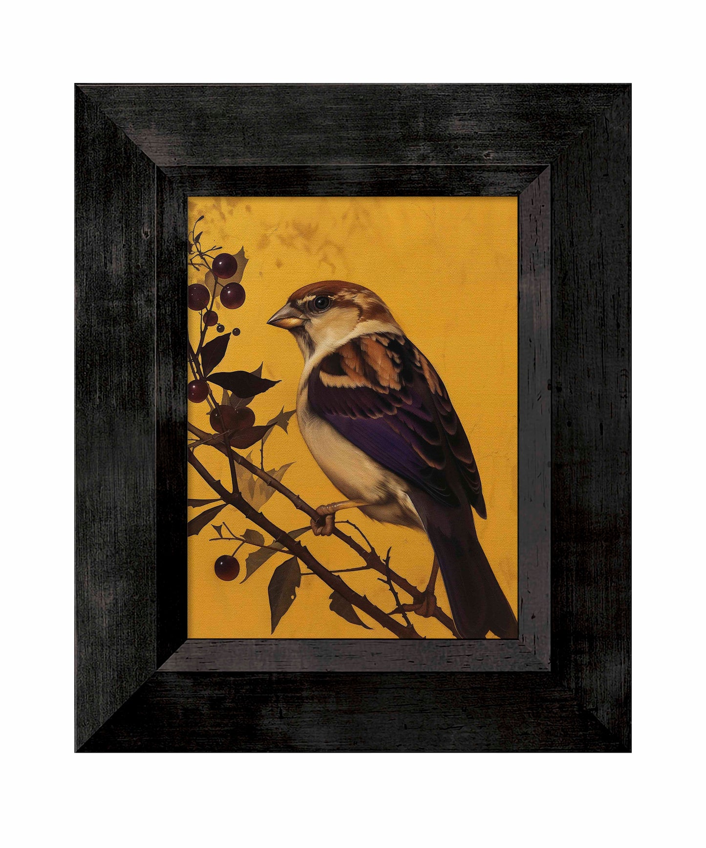 Golden Perch - Sparrow Among Dark Berries - Limited Edition Canvas