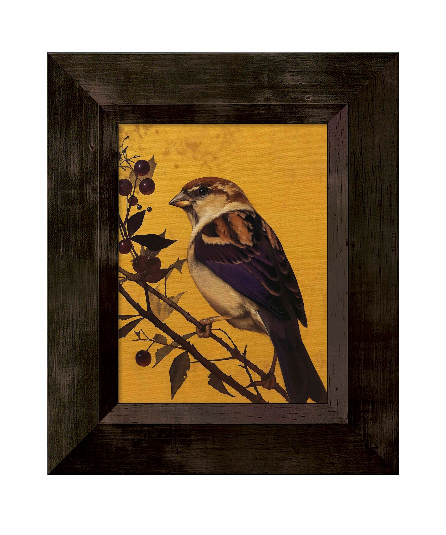 Golden Perch - Sparrow Among Dark Berries - Limited Edition Canvas