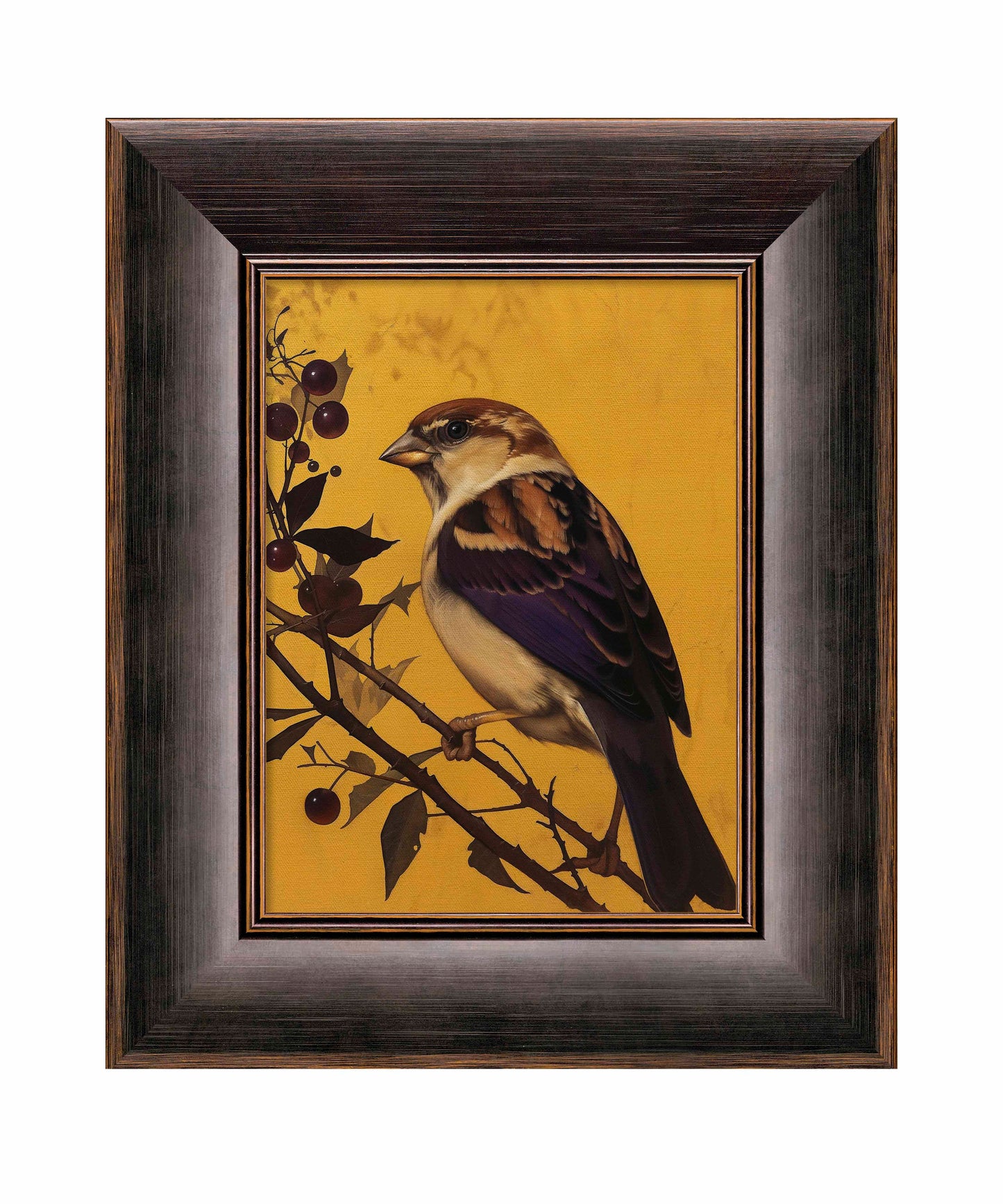 Golden Perch - Sparrow Among Dark Berries - Limited Edition Canvas