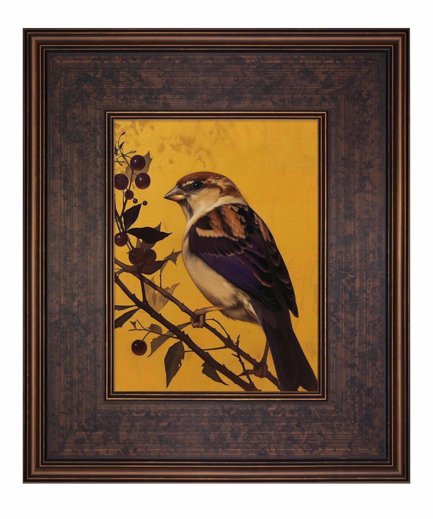 Golden Perch - Sparrow Among Dark Berries - Limited Edition Canvas