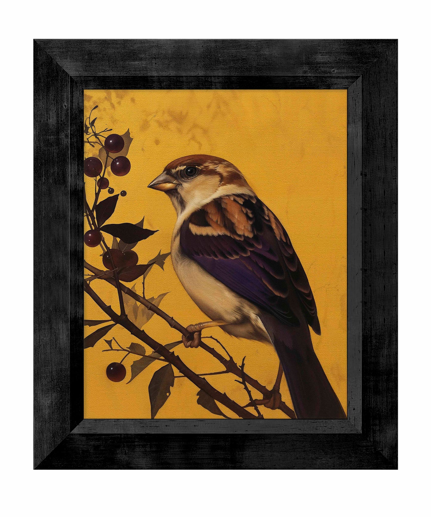 Golden Perch - Sparrow Among Dark Berries - Limited Edition Canvas