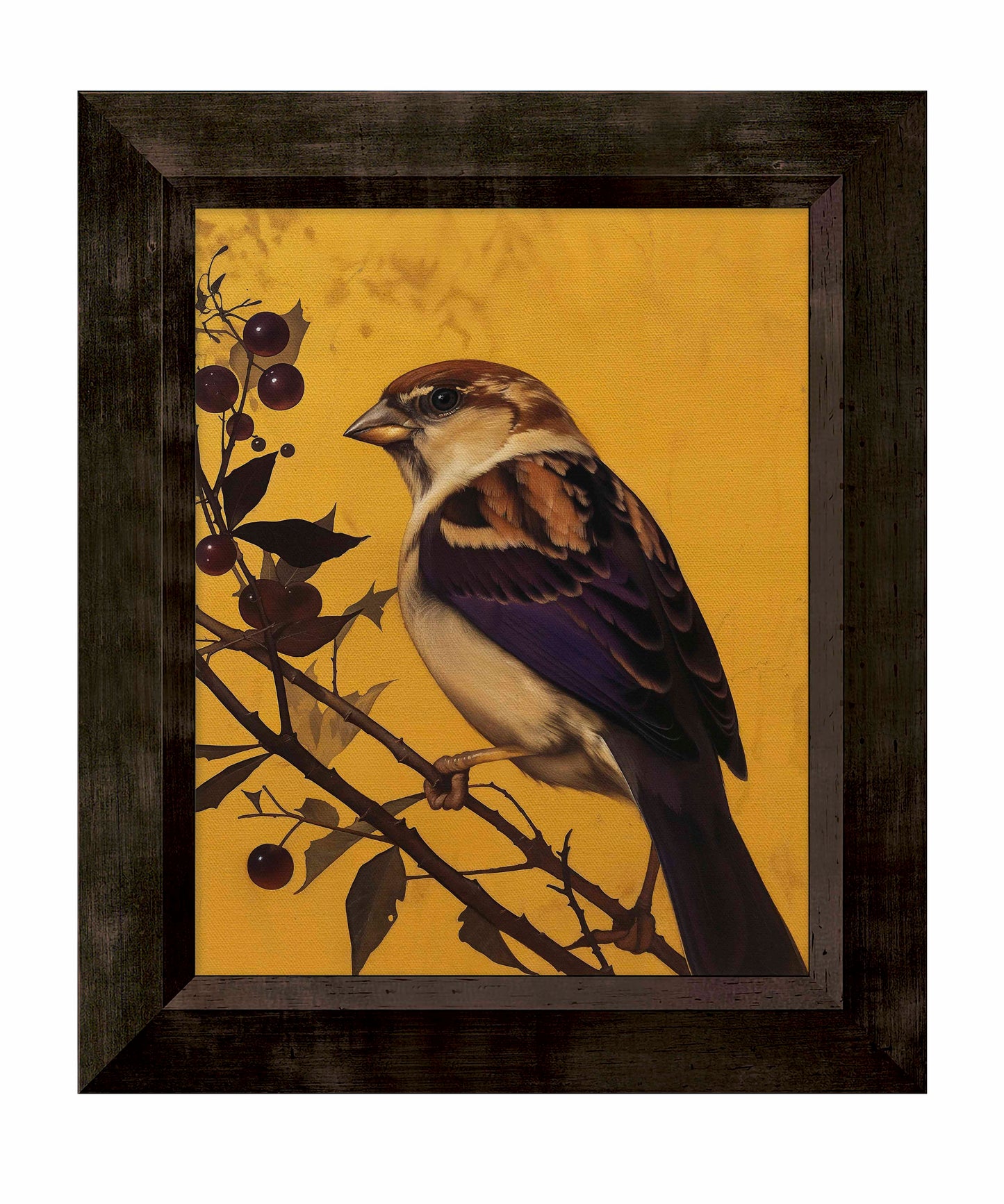Golden Perch - Sparrow Among Dark Berries - Limited Edition Canvas