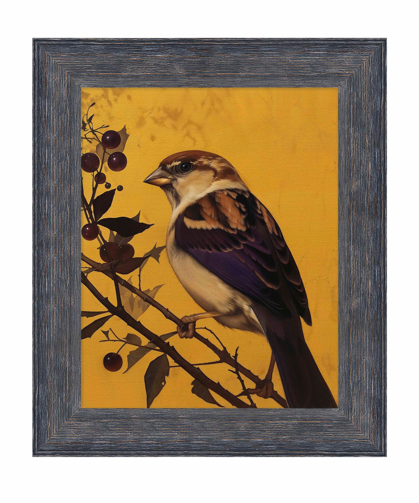 Golden Perch - Sparrow Among Dark Berries - Limited Edition Canvas