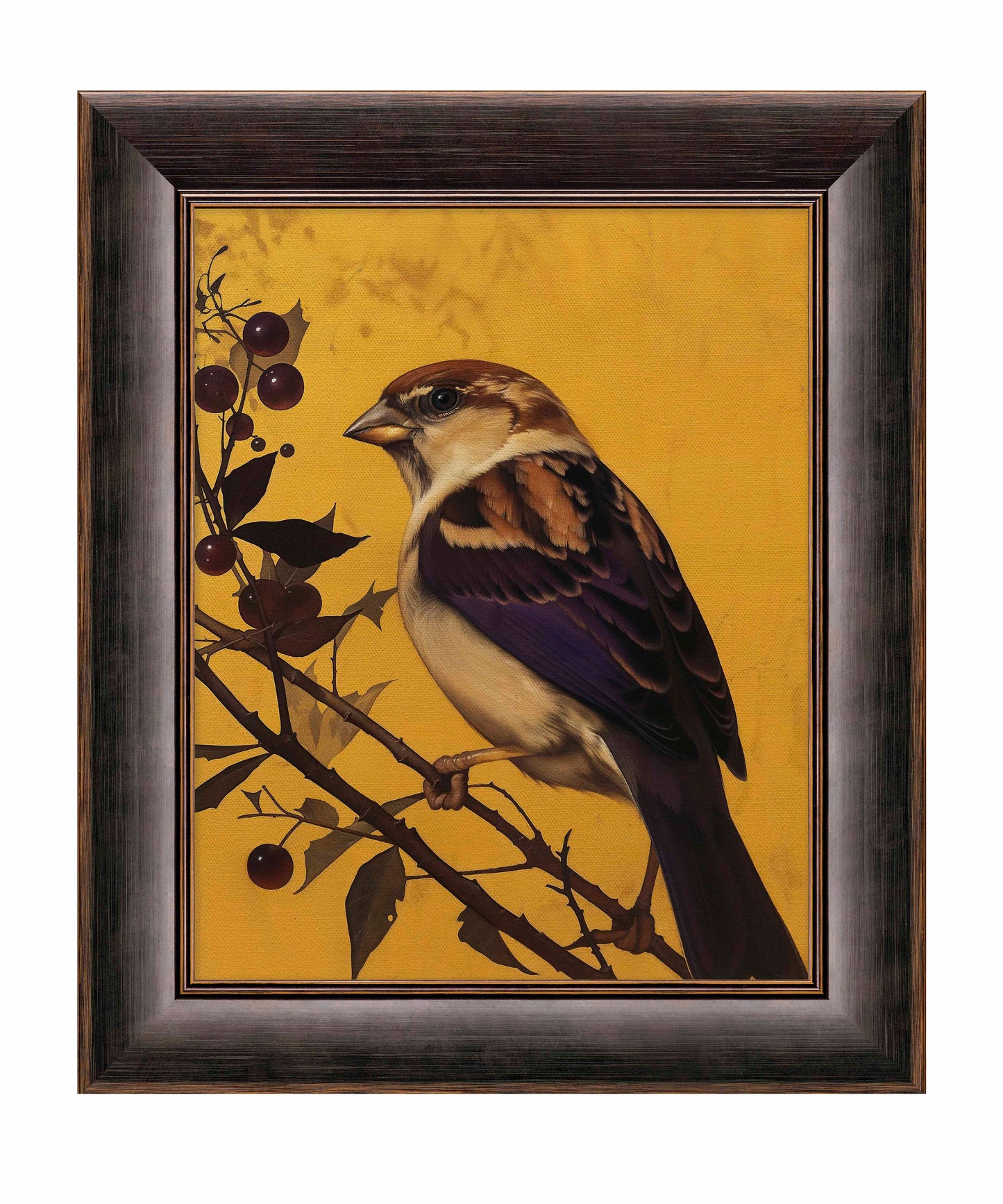 Golden Perch - Sparrow Among Dark Berries - Limited Edition Canvas