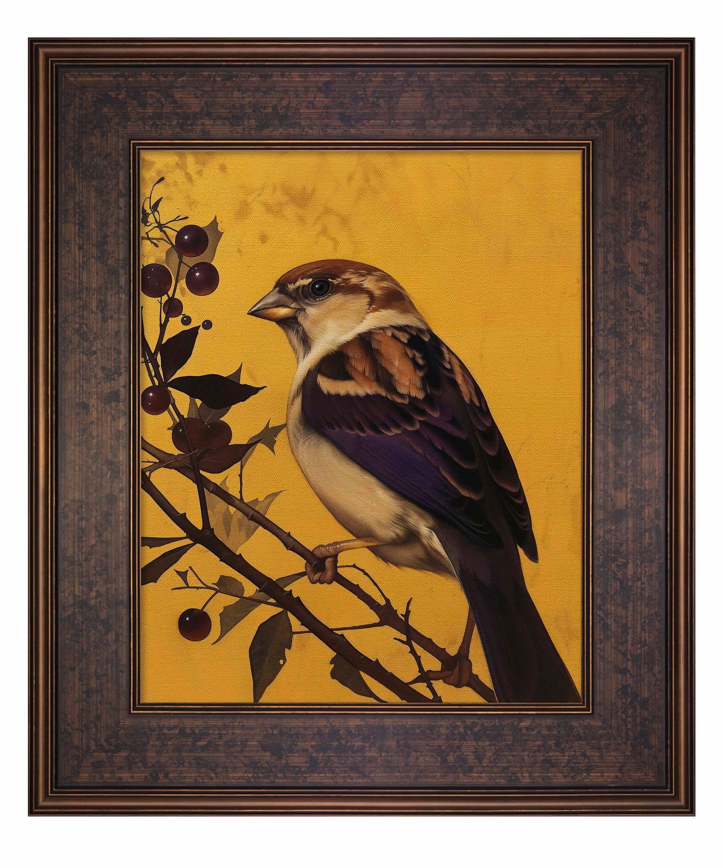 Golden Perch - Sparrow Among Dark Berries - Limited Edition Canvas