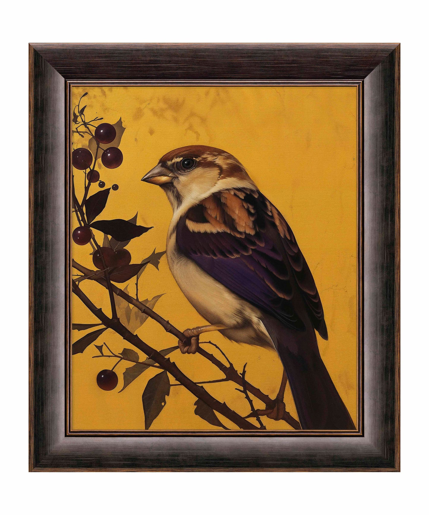 Golden Perch - Sparrow Among Dark Berries - Limited Edition Canvas