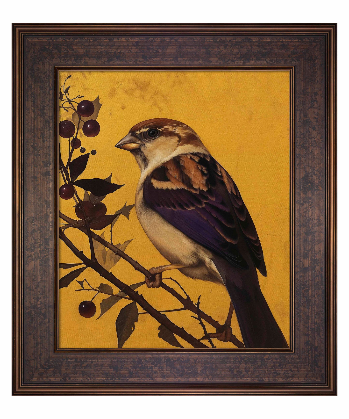 Golden Perch - Sparrow Among Dark Berries - Limited Edition Canvas