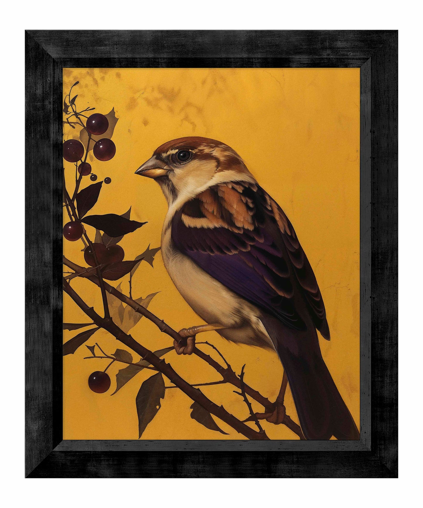 Golden Perch - Sparrow Among Dark Berries - Limited Edition Canvas