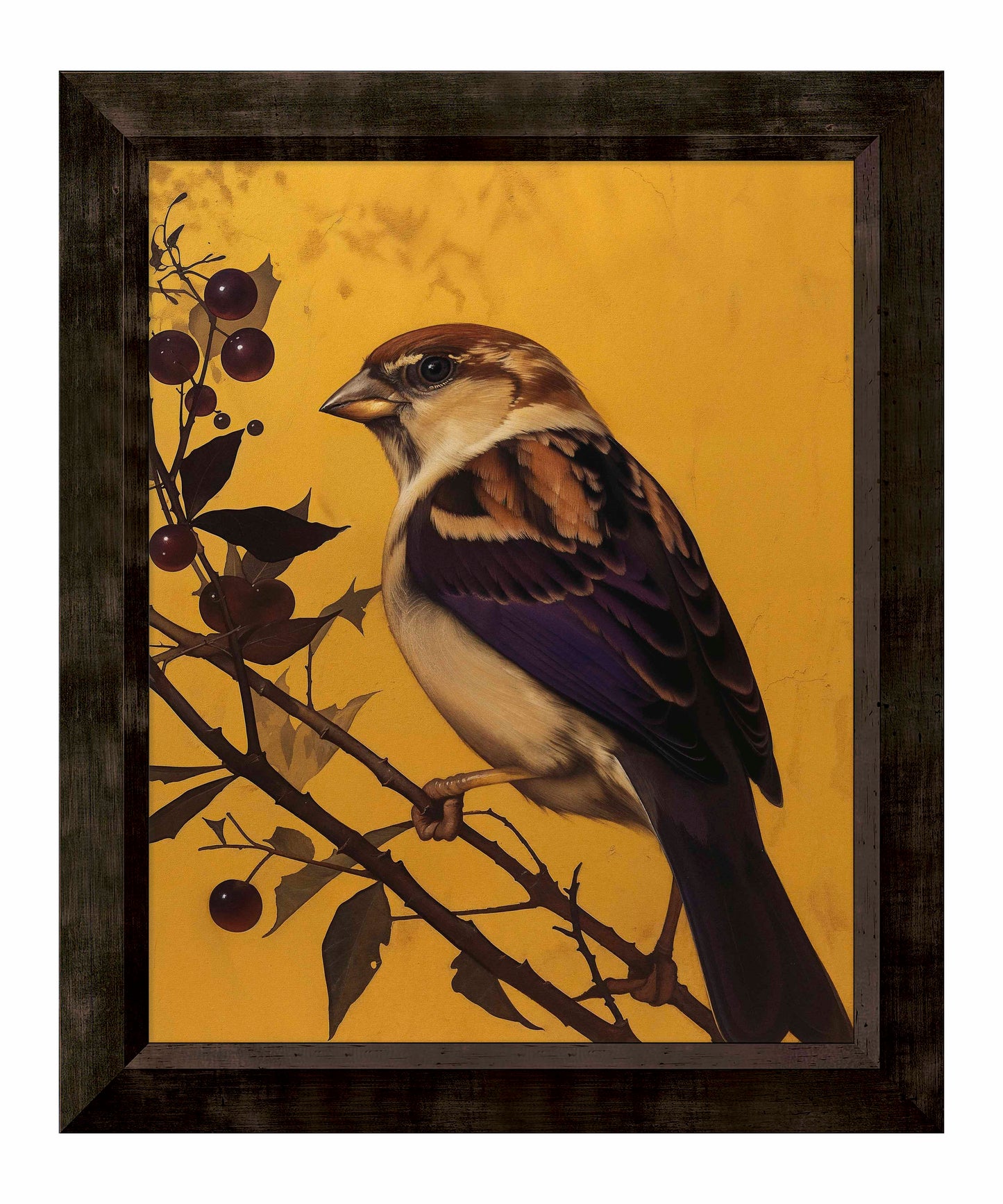 Golden Perch - Sparrow Among Dark Berries - Limited Edition Canvas
