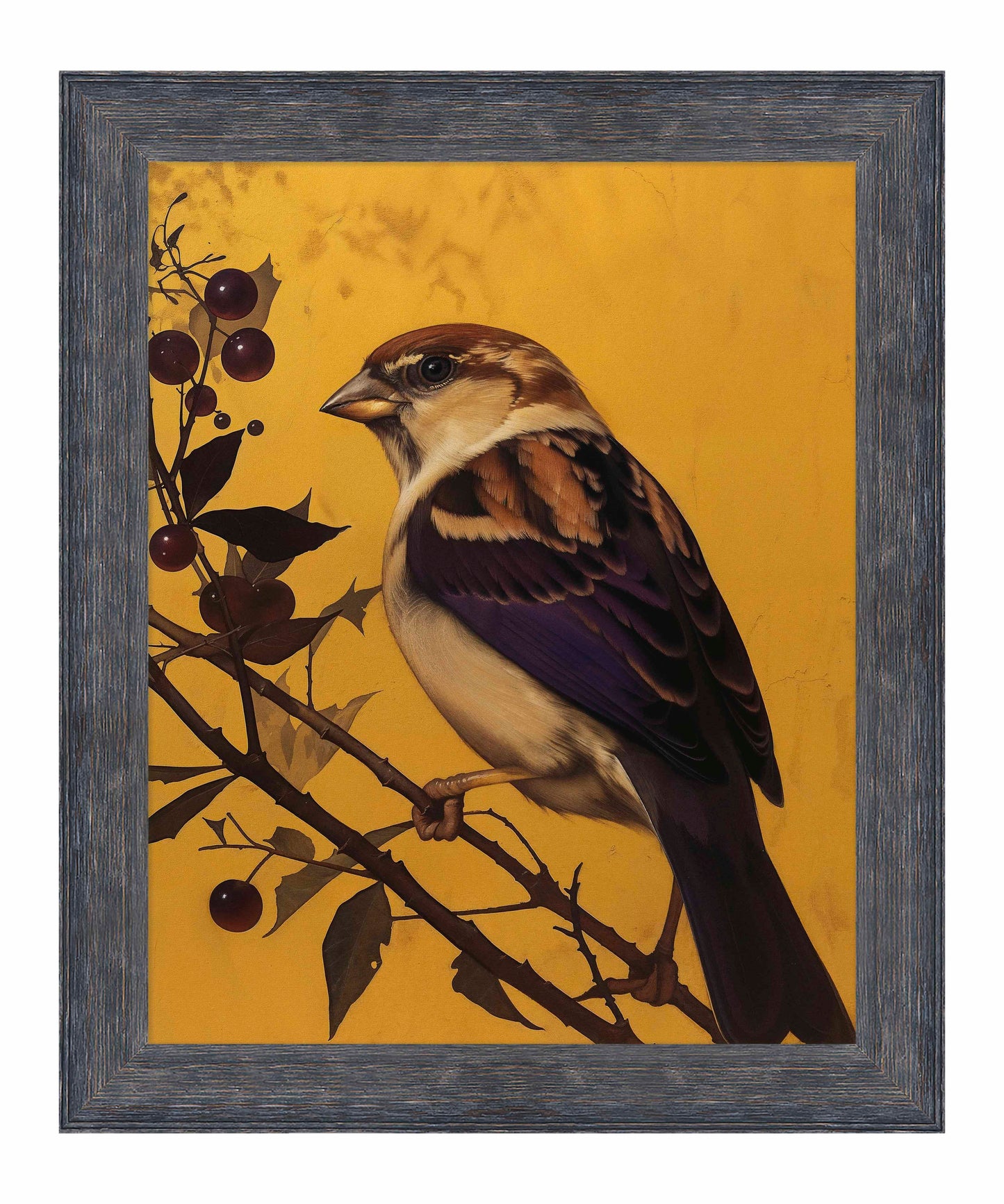 Golden Perch - Sparrow Among Dark Berries - Limited Edition Canvas