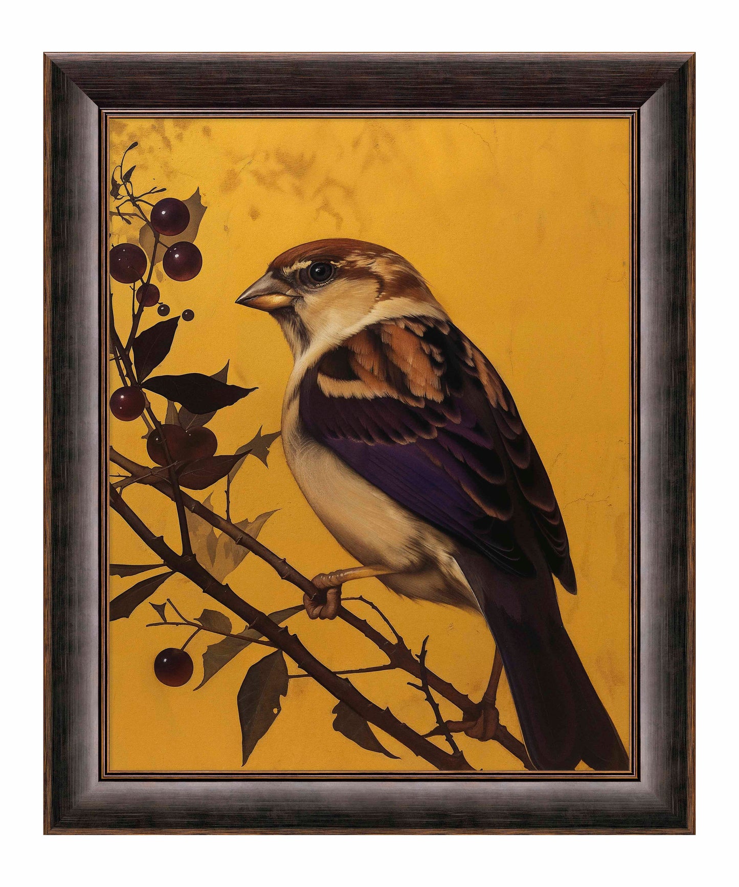 Golden Perch - Sparrow Among Dark Berries - Limited Edition Canvas