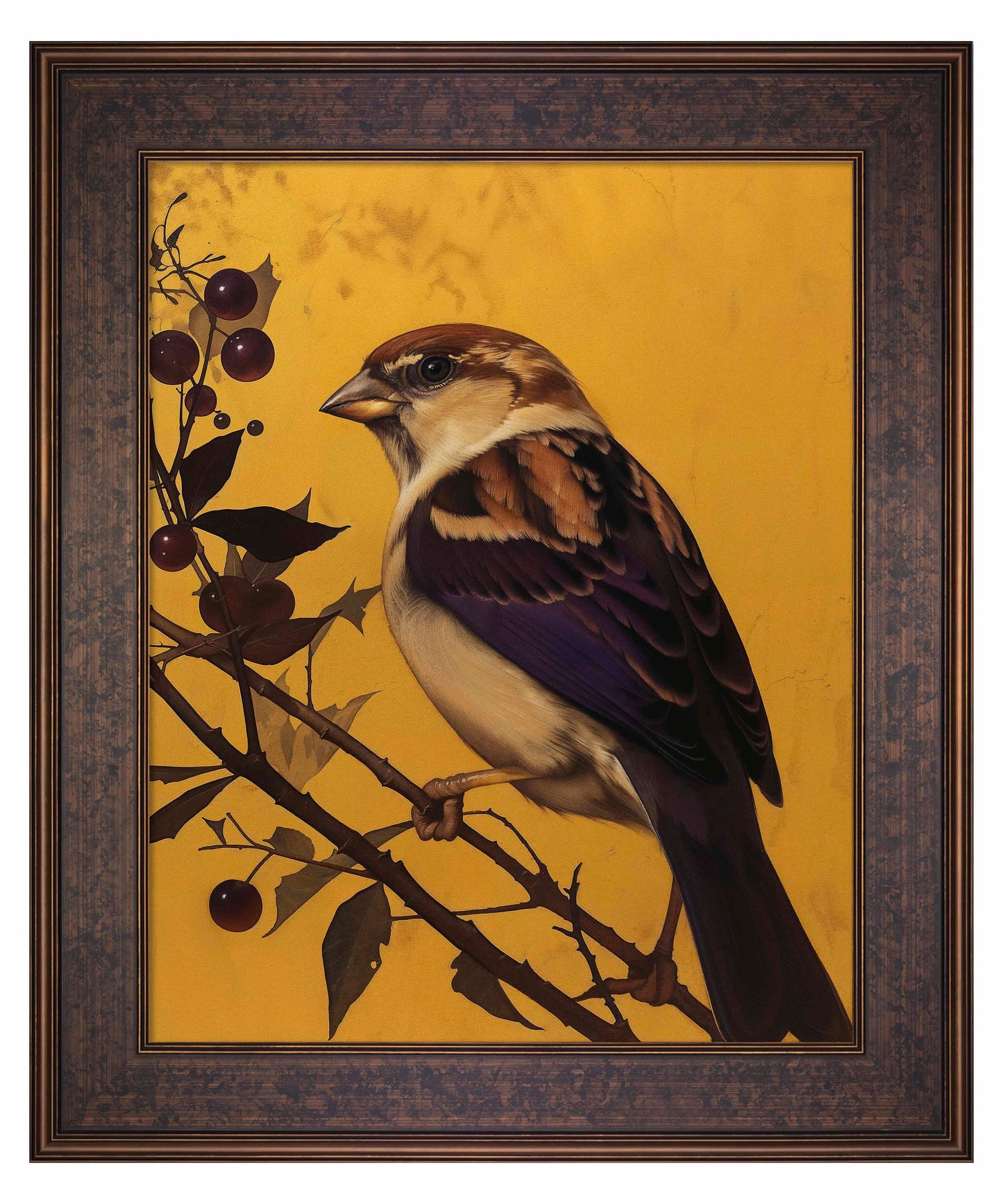 Golden Perch - Sparrow Among Dark Berries - Limited Edition Canvas