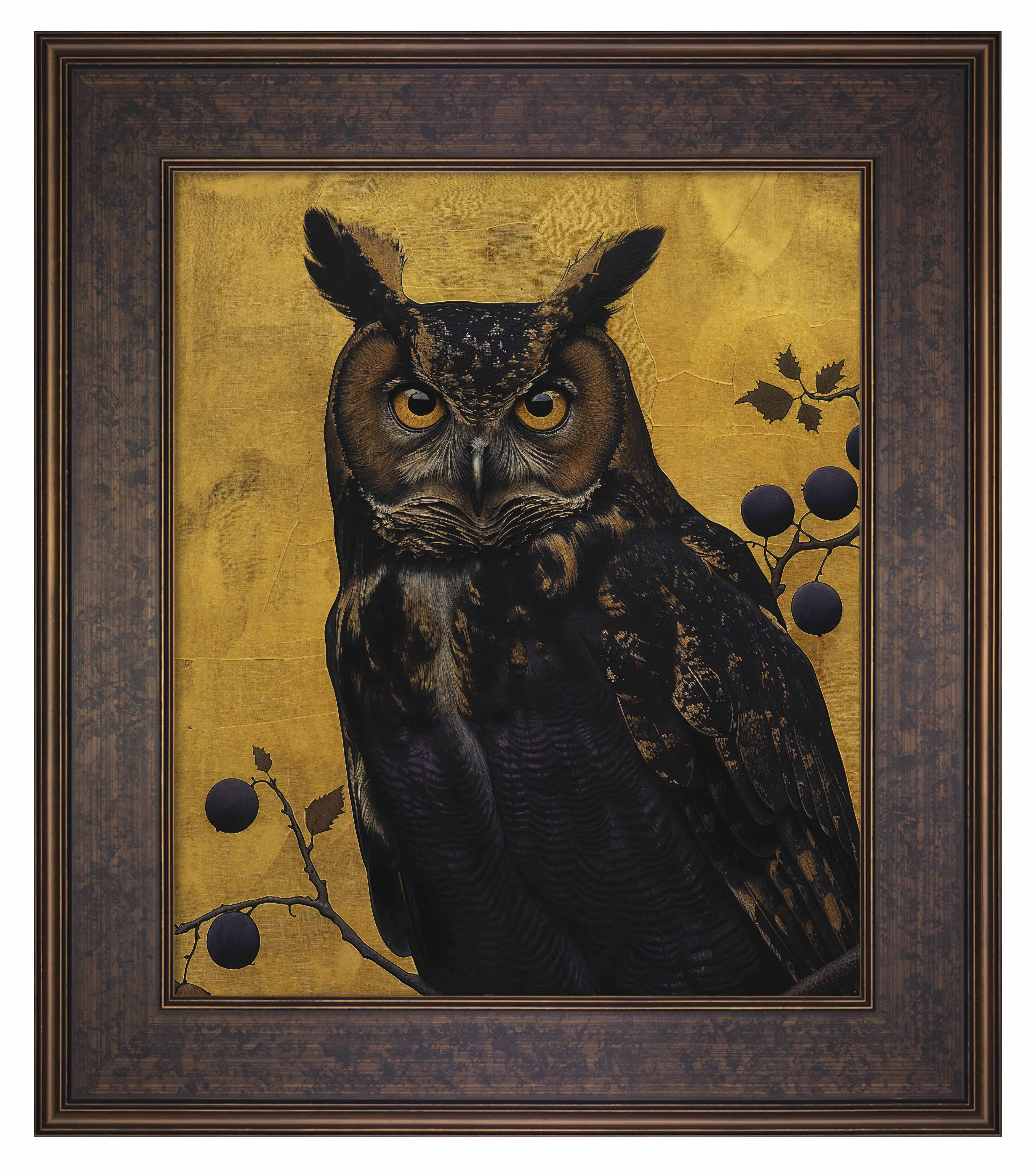 邦楽 OwL Golden Gaze - Great Horned Owl Among Berries - Limited Edition