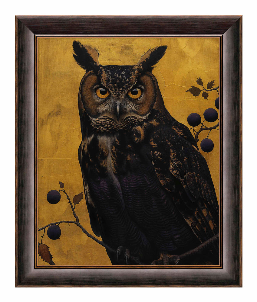 Golden Gaze - Great Horned Owl Among Berries - Limited Edition Canvas