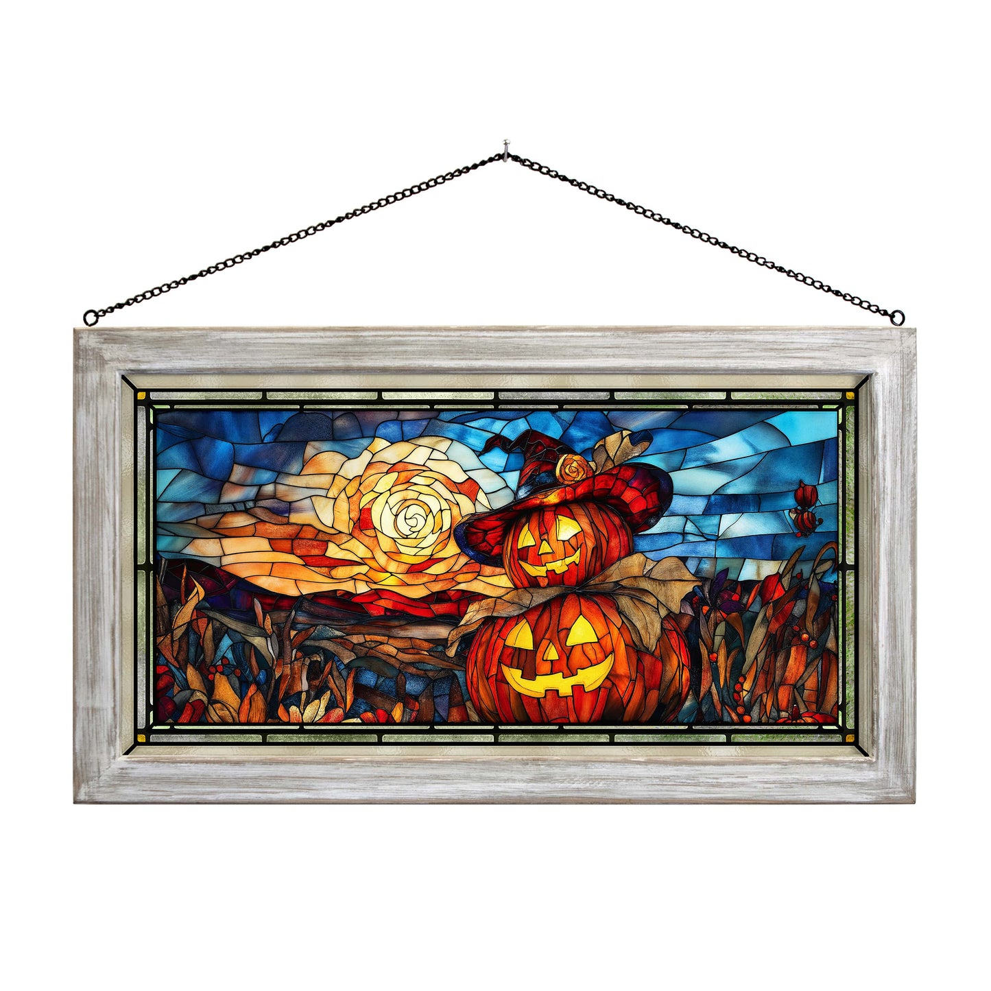 Dusk of the Jack-o'-Lanterns  - 13" x 23" Stained Glass Art