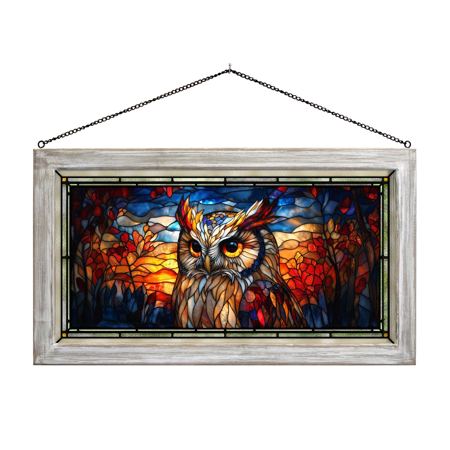 Dusk's Wise Watcher  - 13" x 23" Stained Glass Art