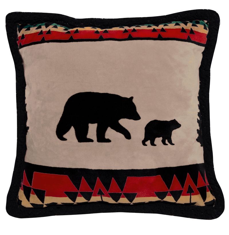 Bear Trail with Black Sherpa Plush Pillow 18" x 18"