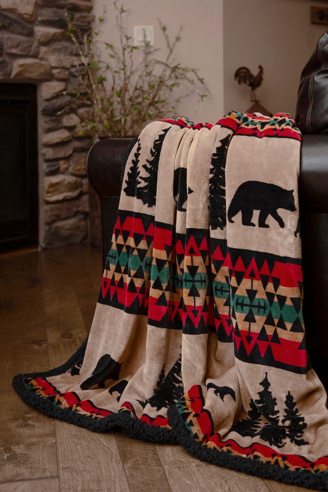 Bear Trail with Black Sherpa Plush Large Throw Blanket 54" x 68"
