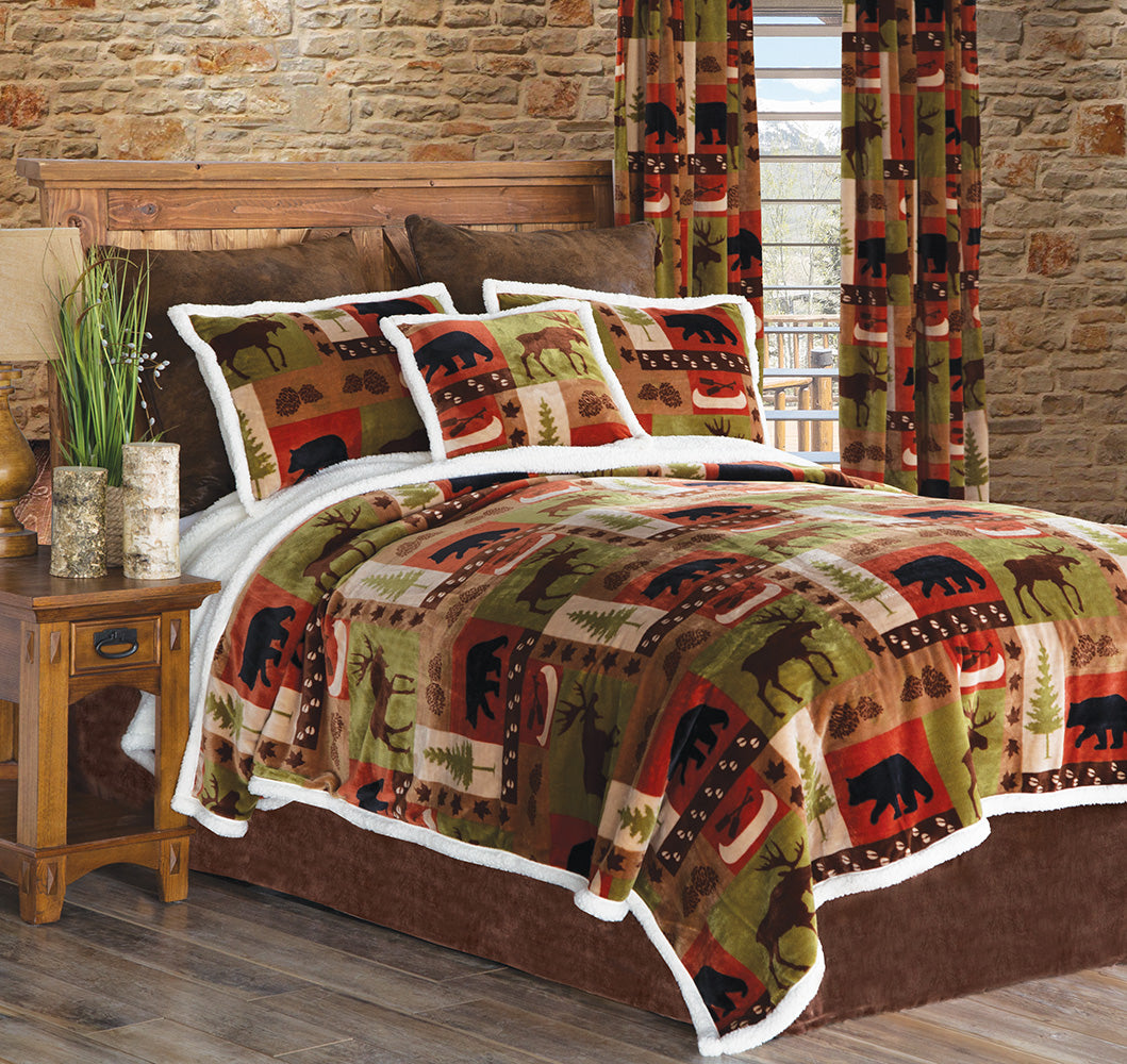 Patchwork Lodge Rustic Cabin 4-Piece Plush Sherpa Bedding Set, Queen