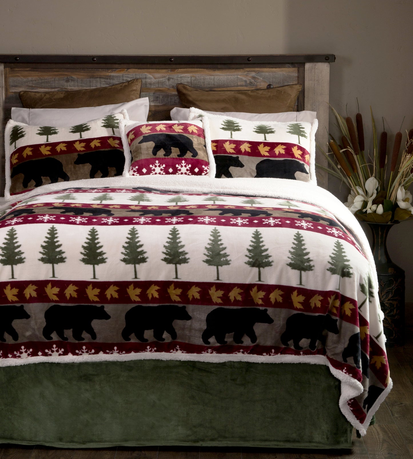 Tall Pine Rustic Cabin 5-Piece Plush Sherpa Bedding Set, Queen