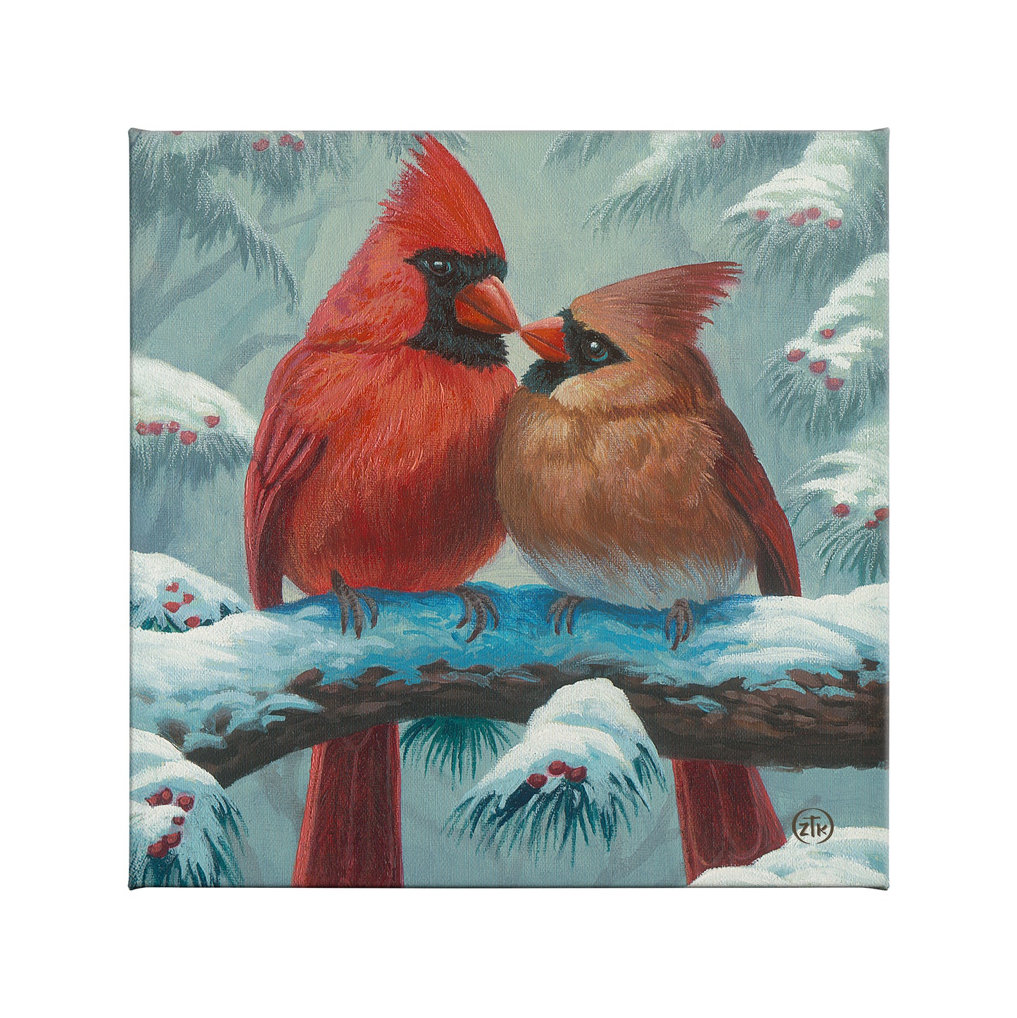 Cardinals in Winter - 14" x 14" Gallery Wrapped Canvas
