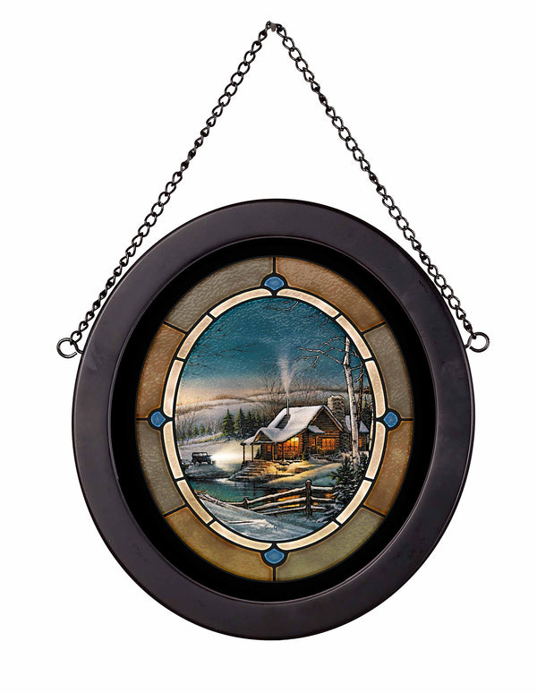 Evening with Friends - Deer - 9" x 8" Black Oval Stained Glass Art