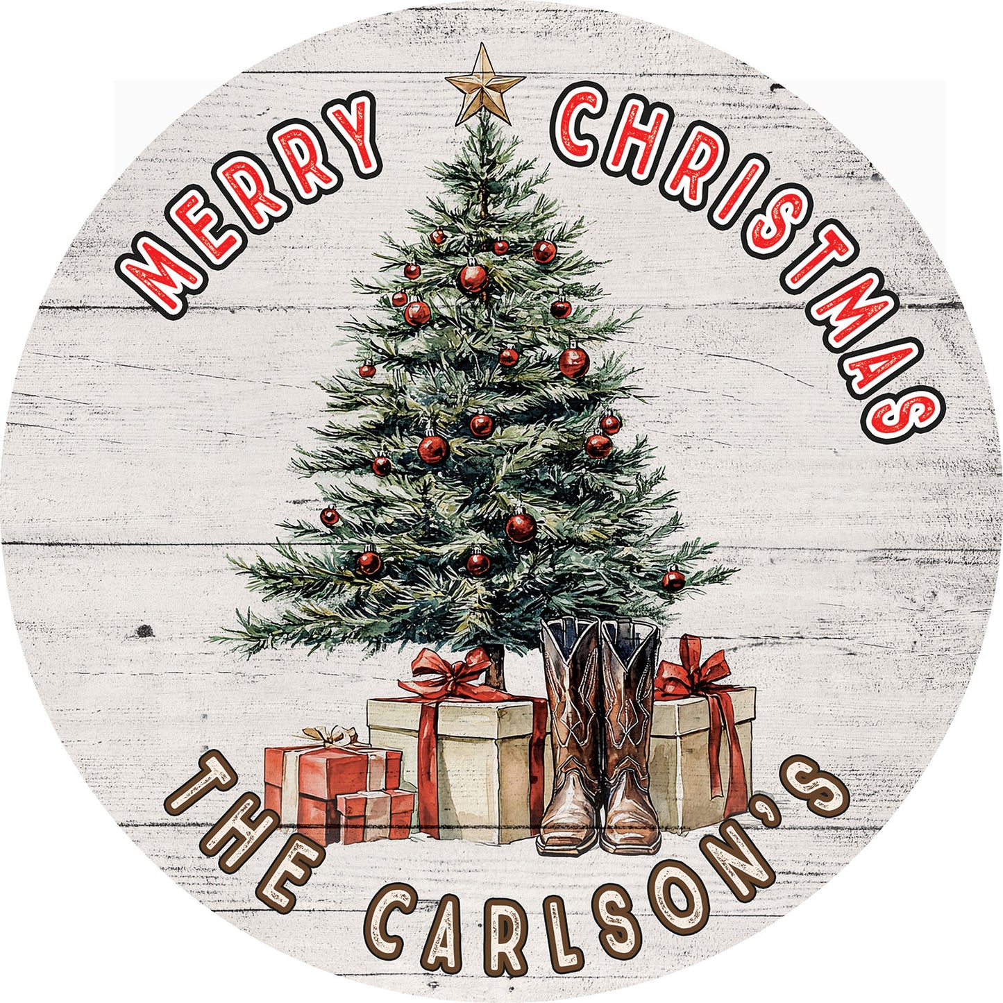 Merry Christmas II - 12.5" Personalized Round Wood Sign
