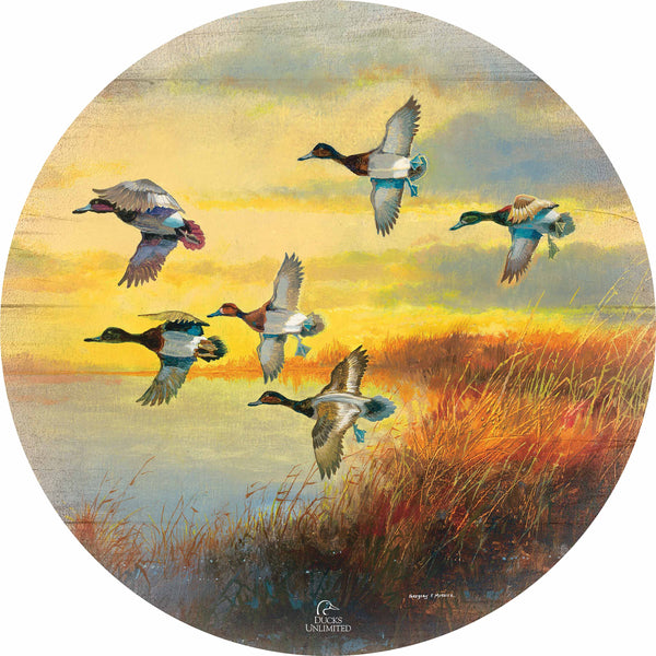 Autumn Sunrise Bluebills 21" Round Wood Sign - Official Ducks Unlimited Art