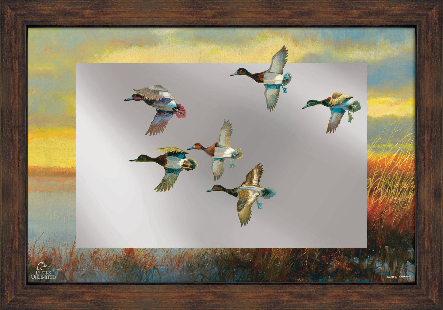 Autumn Sunrise - Bluebills 16" x 24" Mirror Framed Barnwood - Official Ducks Unlimited Art