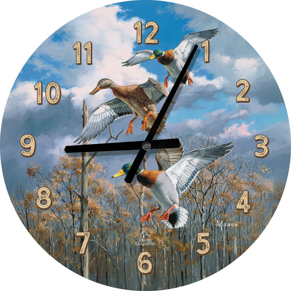 Descending Trio Mallards 21" Round Clock - Official Ducks Unlimited Art