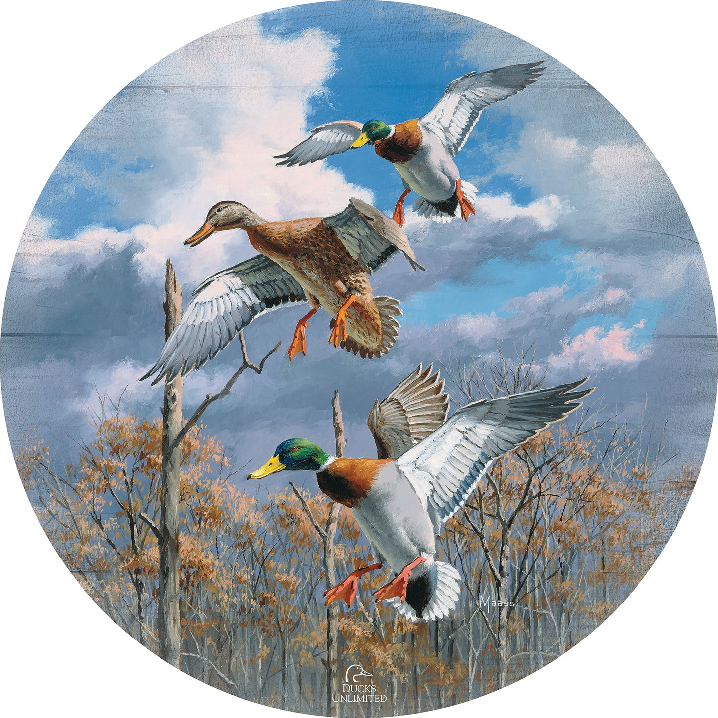 Descending Trio Mallards 21" Round Wood Sign - Official Ducks Unlimited Art