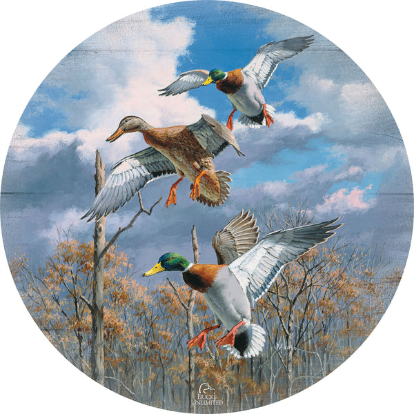 Descending Trio Mallards 21" Round Wood Sign - Official Ducks Unlimited Art