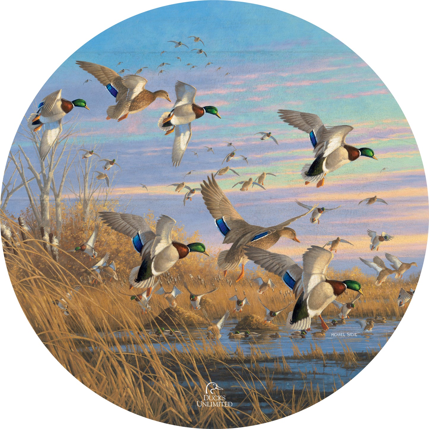 Dropping in Mallards 21" Round Wood Sign - Official Ducks Unlimited Art