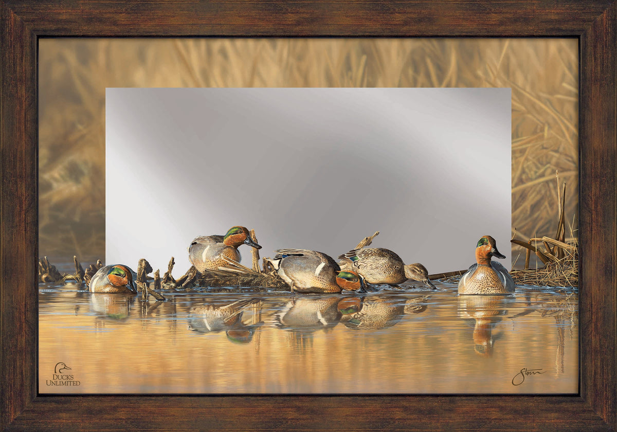 Emerald Waters - Green Wing Teal 16" x 24" Mirror Framed Barnwood - Official Ducks Unlimited Art