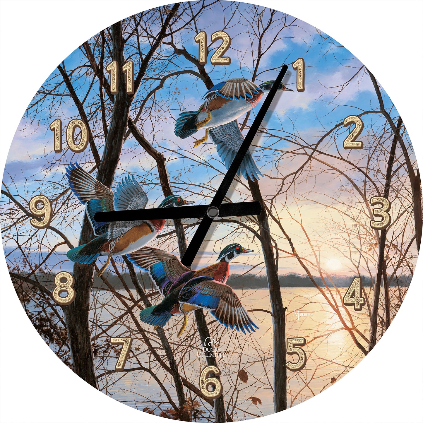 Evening Flight  Wood Ducks 21" Round Clock - Official Ducks Unlimited Art