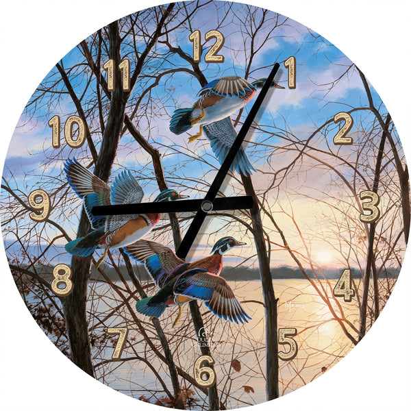 Evening Flight  Wood Ducks 21" Round Clock - Official Ducks Unlimited Art