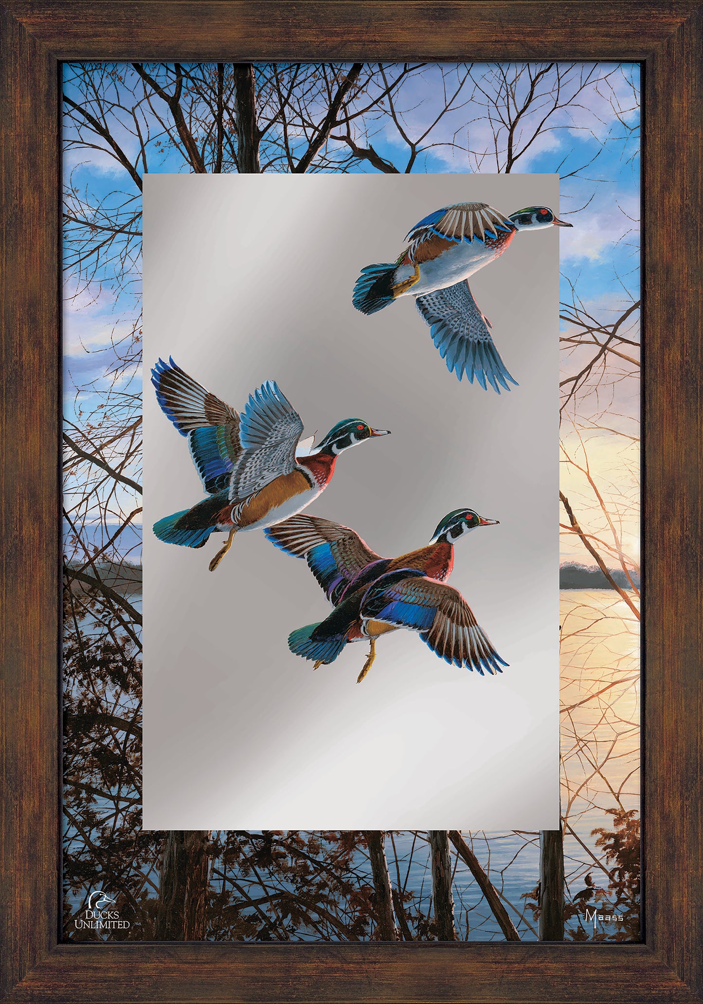 Evening Flight - Wood Ducks 16" x 24" Mirror Framed Barnwood - Official Ducks Unlimited Art
