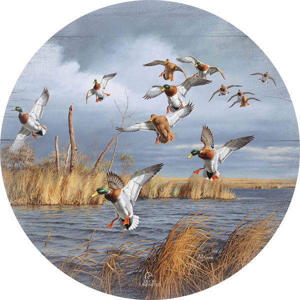 Greenhead Alert Mallards 21" Round Wood Sign - Official Ducks Unlimited Art