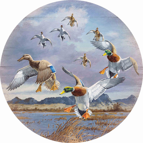 In Before the Squall - Mallards and Pintails at the Sutter Buttes 21" Round Wood Sign - Official Ducks Unlimited Art