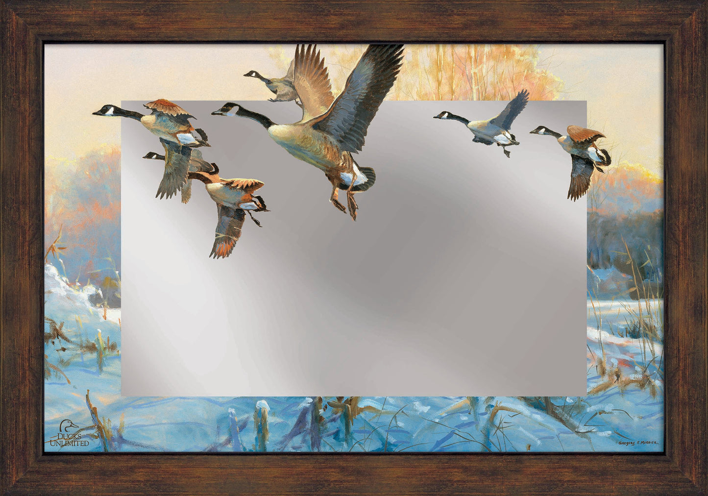 Late Departure - Canada Geese 16" x 24" Mirror Framed Barnwood - Official Ducks Unlimited Art