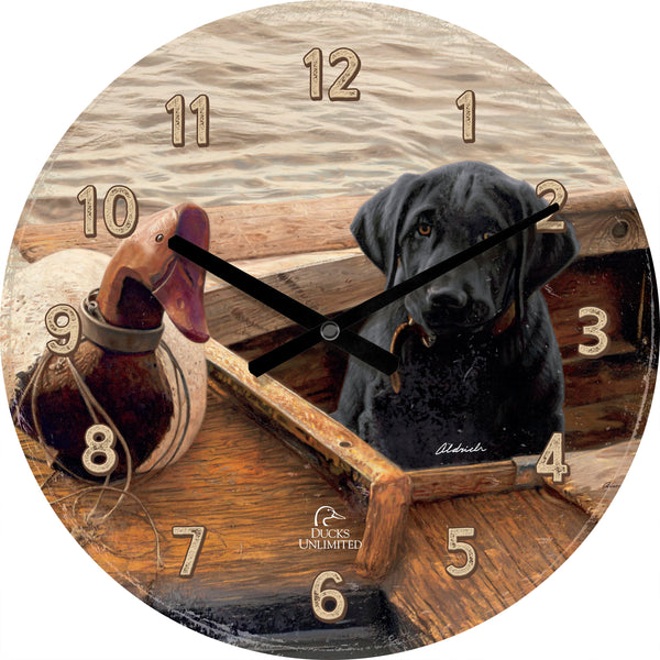 Old School Black Lab  21" Round Clock - Official Ducks Unlimited Art