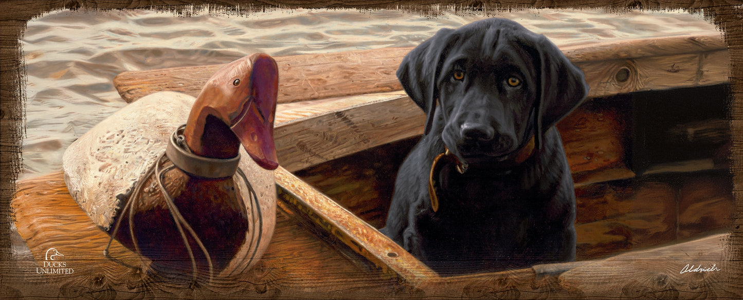 Old School Black Lab  12" x 30" Wood Sign - Official Ducks Unlimited Art