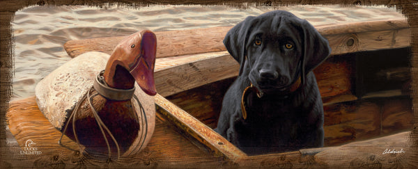Old School Black Lab  12" x 30" Wood Sign - Official Ducks Unlimited Art