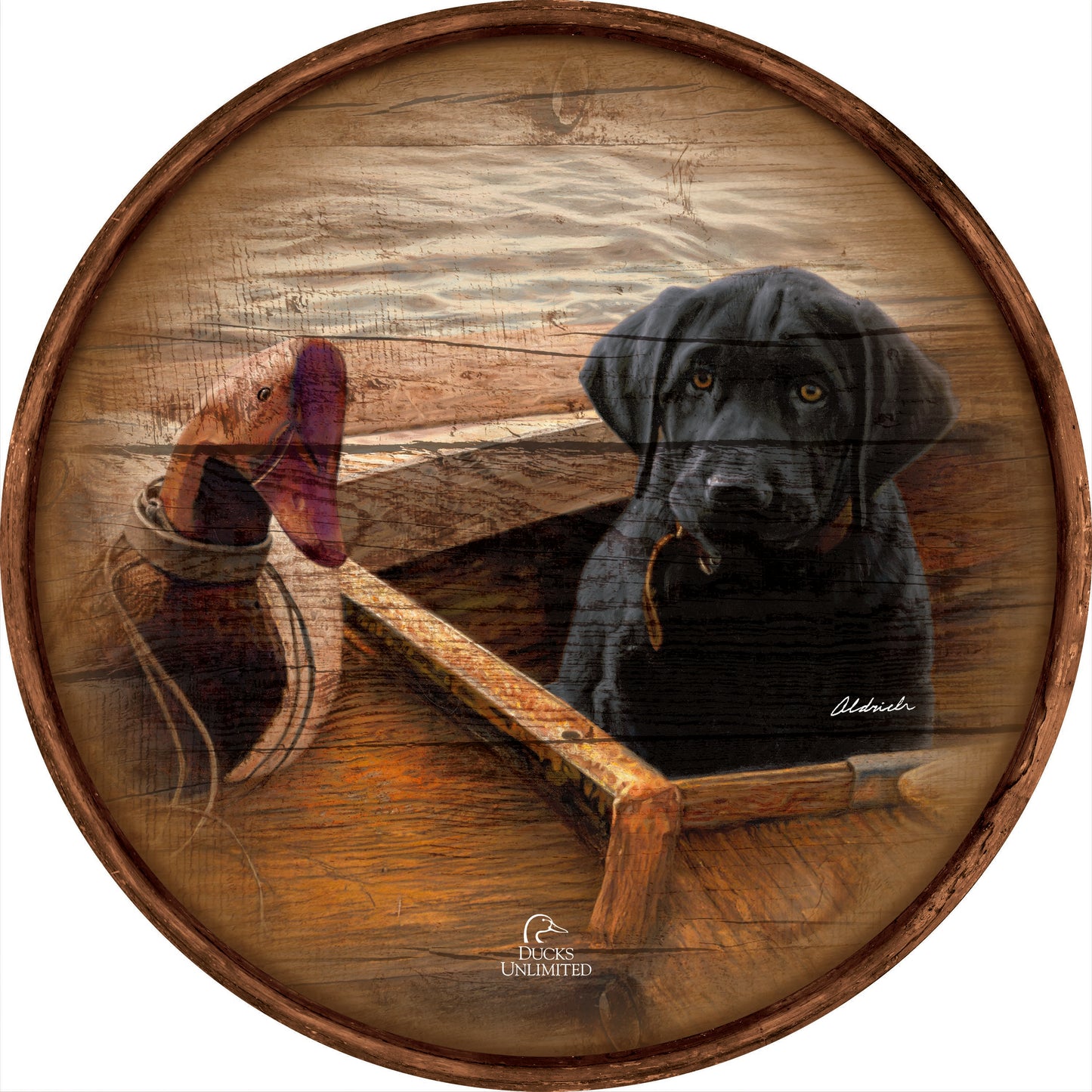 Old School Black Lab  21" Round Wood Sign - Official Ducks Unlimited Art