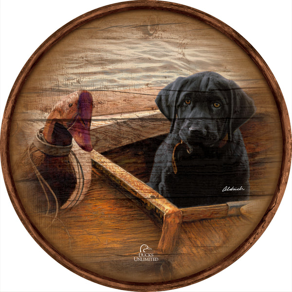 Old School Black Lab  21" Round Wood Sign - Official Ducks Unlimited Art