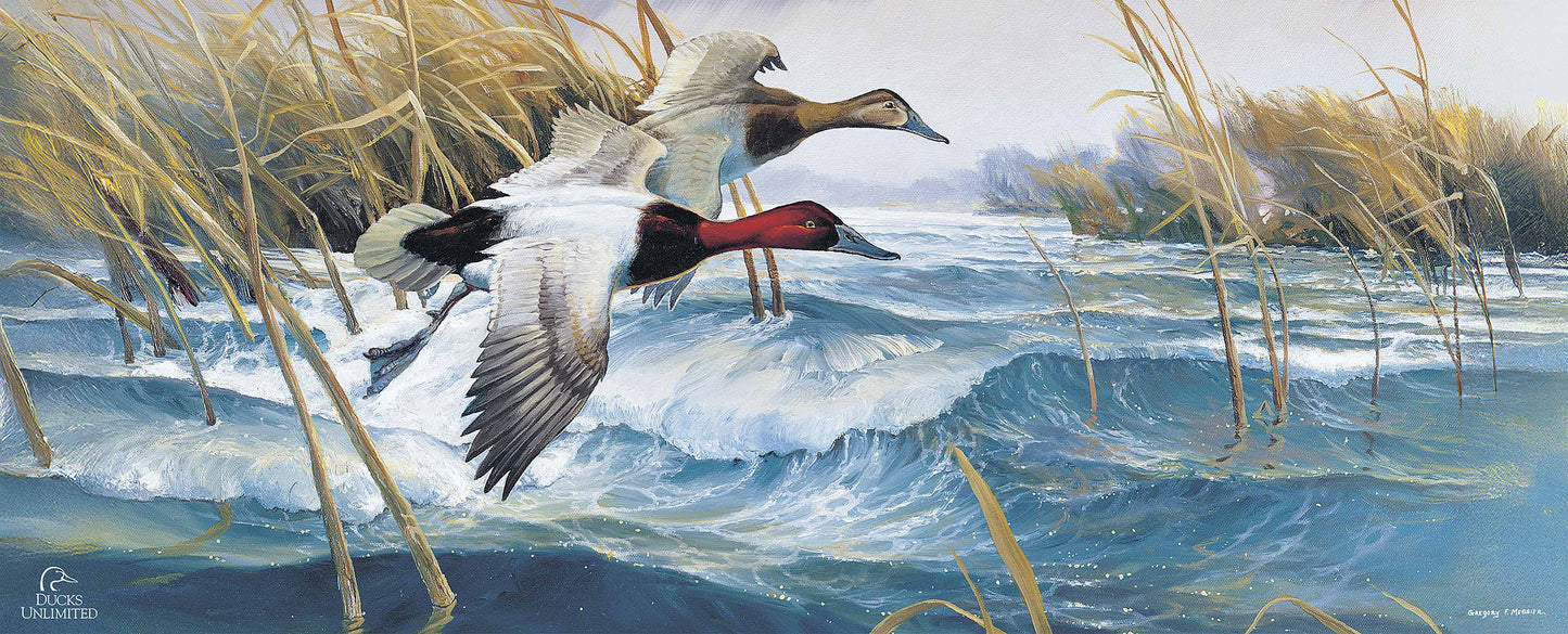 On the Deck  Canvasbacks  12" x 30" Wood Sign - Official Ducks Unlimited Art