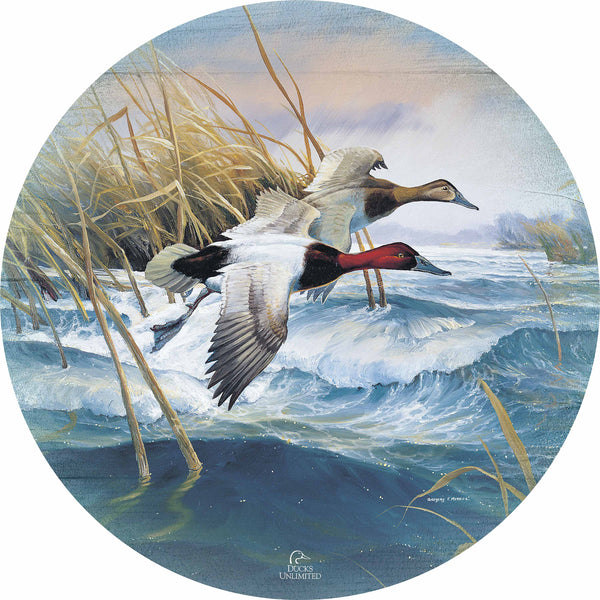 On the Deck  Canvasbacks 21" Round Wood Sign - Official Ducks Unlimited Art